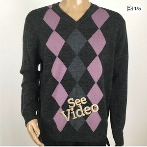 👛 (ANY 2/$30) BELLISSIMO Argyle V-Neck Acrylic-Wool Sweater Grey/Pink Tones L